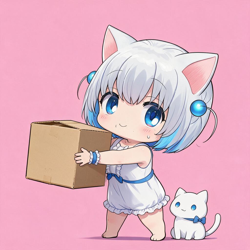 Chibi catgirl mascot weighing a heavy box against a light one on a brass postal scale